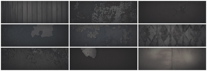 Fototapeta Set of dark panoramic background textures. Collection of wide textures with peeling paint, cracks, scratches, noise and grain. Faded rough surfaces of old walls. Bundle of gray backgrounds for design. obraz