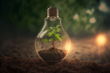 Bulb with fresh green sapling growing inside, Generative AI