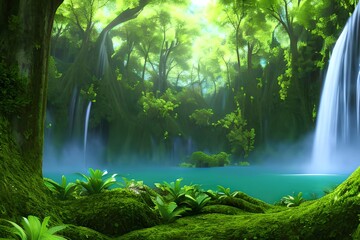 A waterfall in a lush green forest. Generative AI