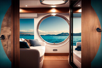 Luxuriöse Yacht mit Bullaugen-Fenster - ein unvergessliches Segelerlebnis auf dem Meer - Generative Ai