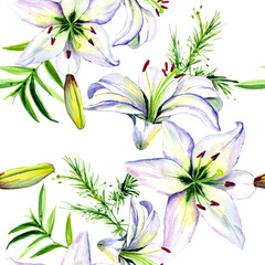 Watercolor lilies in a seamless pattern. Can be used as fabric, wallpaper, wrap.