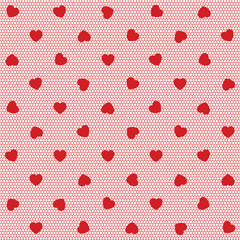 Mesh in red hearts seamless vector pattern. Lace ornament for sexy transparent lingerie and stockings. Luxurious fabric clip art. 