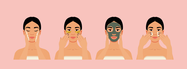 Skincare routine of women. Face cleansing, golden eye patches, mask, and cream application. Vector flat cartoon illustration. 