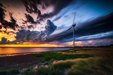 Obraz premium Wind turbine in a dramatic atmosphere, beautiful landscape Generative AI