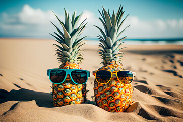 Lustige Ananas mit Sonnenbrille am Strand - Generative Ai