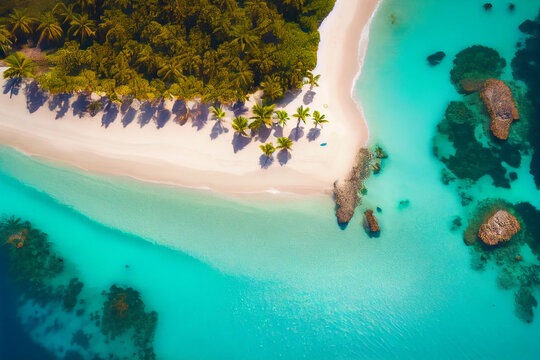 Luftaufnahme von einer kleinen Insel umgeben von türkisen Waser in der Karibik - Generative Ai
