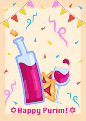 Purim holiday poster with vector red wine, hamantaschen cookies and confetti, party banner for jewish Purim holiday, celebration poster.