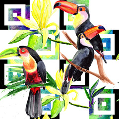 
Watercolor toucans and magnolia flowers in a seamless pattern. Can be used as fabric, wallpaper, wrap.