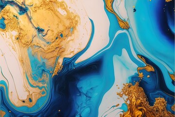 Luxurious fluid art in gold and blue paint. Divorces and waves, mixing colors. Abstract liquid fluid art background.