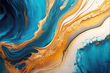 Luxurious fluid art in gold and blue paint. Divorces and waves, mixing colors. Abstract liquid fluid art background.