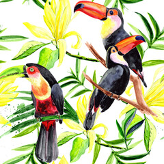 
Watercolor toucans and magnolia flowers in a seamless pattern. Can be used as fabric, wallpaper, wrap.
