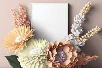 Obraz na płótnie Canvas Empty white frame with beautiful flowers. Botanical art. Mockup template. Generative AI