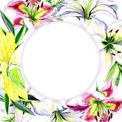 Fototapeta na wymiar Watercolor magnolia and lily flowers in a greeting frame.