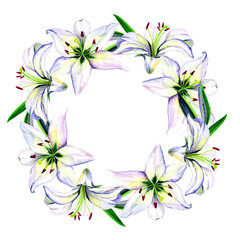 Watercolor lily flowers in a congratulatory frame.
