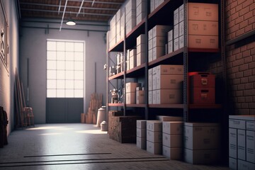 Warehouse room with many racks and cardboard boxes, AI generative