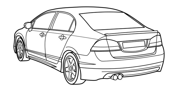 Classic sport sedan car. Rear and side 3d view. Street racing style car. Outline doodle vector illustration for your design - coloring book or print.