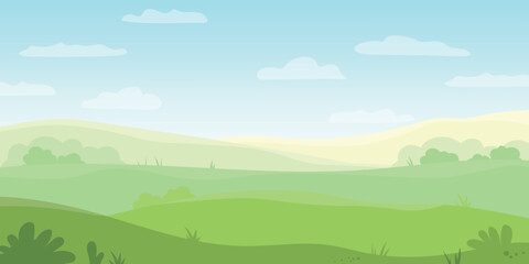 Fototapeta premium horizontal spring, summer rural meadow landscape and blue sky with clouds, natural background- vector illustration