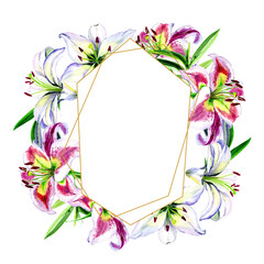 Watercolor lily flowers in a congratulatory frame.
