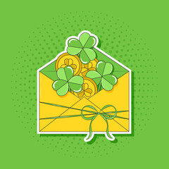 Letter with Clover and Gold Coins for Saint Patricks Day Good Luck  Sticker Pop Art Groovy Funny
