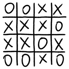 Black and white pattern with Tic-tac-toe game. Grid, zeroes, crosses, circles