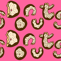 Donuts lettering. Vector seamless pattern in cartoon flat style isolated on white background.