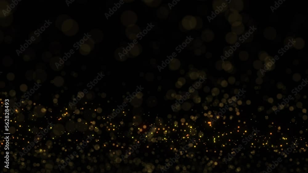 Poster flickering blurred gold colored dots bokeh on clean black copy space animation background. seamless 