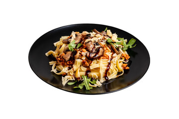 Bolognese pasta with mushrooms and arugula poured balsamic sauce on isolated png background