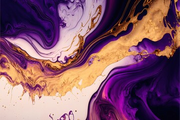 Luxurious fluid art in gold and purple paint. Divorces and waves, mixing colors. Abstract liquid fluid art background.