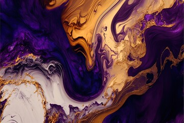 Luxurious fluid art in gold and purple paint. Divorces and waves, mixing colors. Abstract liquid fluid art background.