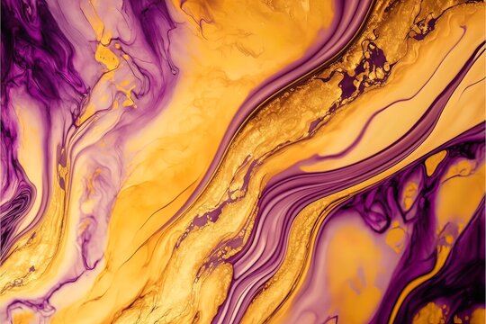 Luxurious Fluid Art In Gold And Purple Paint. Divorces And Waves, Mixing Colors. Abstract Liquid Fluid Art Background.