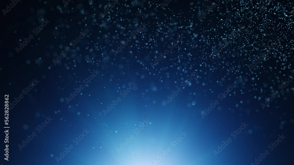 Poster blured dot particles seamless looping slow motion on blue shining copy space animation background.