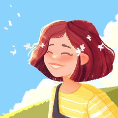 Children's illustration, girl on field, summer landscape. Book cover, poster, postcard. Rustic style. 