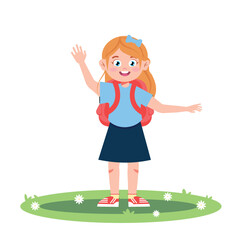 Vector illustration of a girl with a briefcase going to school. A cartoon scene of a smiling schoolgirl waving to her friends isolated on a white background.