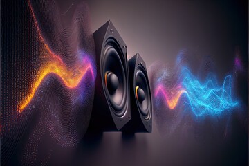 Speakers and sound waves oscillating. Technology futuristick background. Generative ai illustration