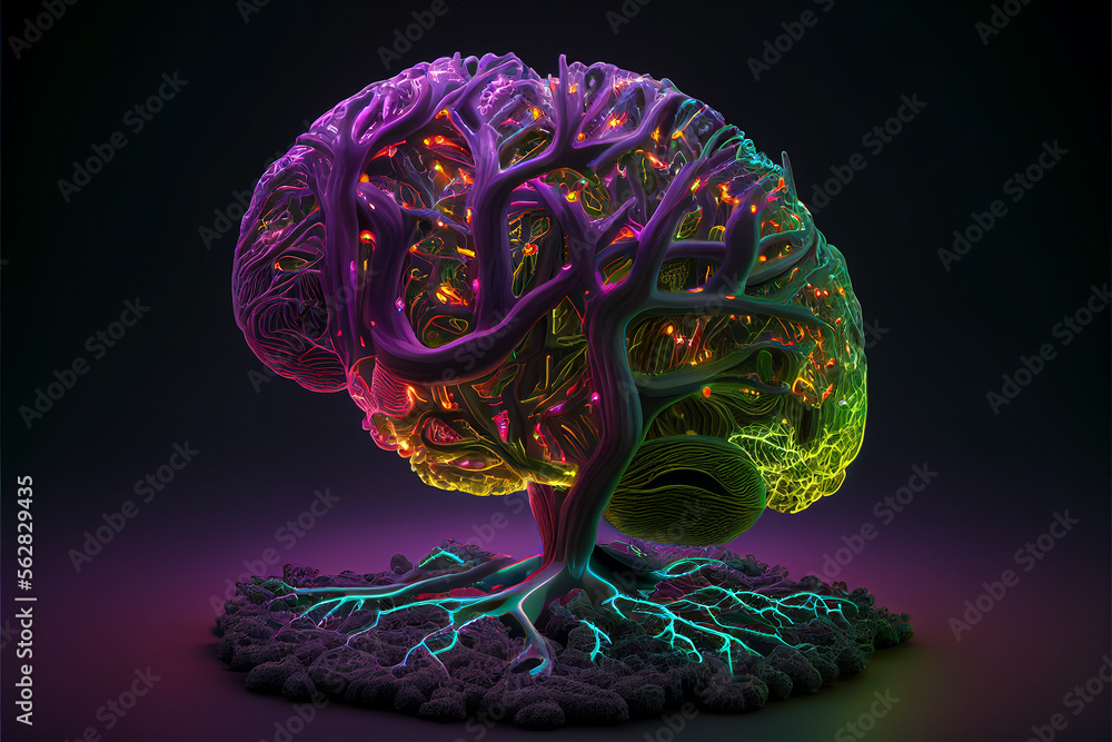 Wall mural neon brain on a black background. created with generative ai technology.