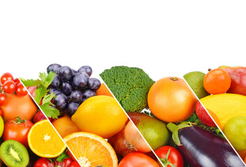 Set of vegetables and fruits isolated on white . Collage. Free space for text.