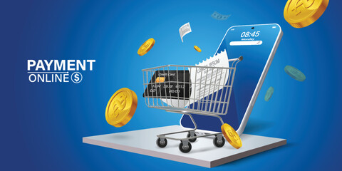 The credit card is on the smartphone and there are coins around it.Mobile payment concept without ATM or bank. Cashback via mobile application or via credit card. Paying bill using mobile phone bill.