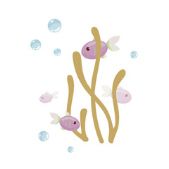 Cartoon flocks of fish swim among the algae. Vector graphics.