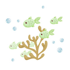 Cartoon flocks of fish swim among the algae. Vector graphics.