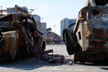Russian missile destroyed cars and shopping center Retroville in Kyiv, Ukraine