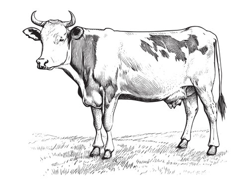 Cow grazing in the meadow retro hand drawn sketch engraving style Vector illustration