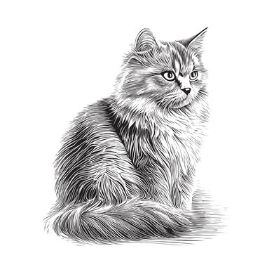 Fluffy cat sitting and looking drawn ruckl sketch in engraving style Vector illustration.