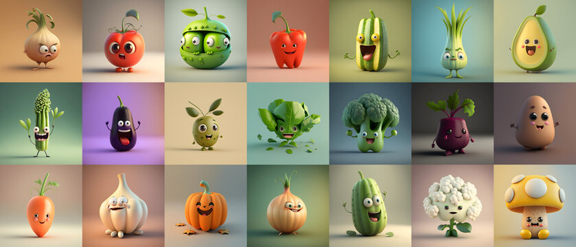Happy Vegetables, Cute Cartoon 3D Collection, Simple Background, Illustration generative ai