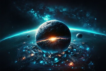 Science and technology platform on the galactic planet, stars, nebulae, night view, space. Sci-fi space background. AI