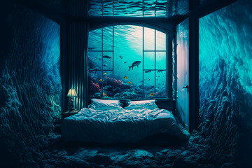 Dreamlike bedroom scene with ocean waves engulfing the bed Surreal bedroom submerged in a mesmerizing ocean