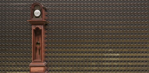 Vintage wooden clock on the wall with wallpaper. 3D illustration