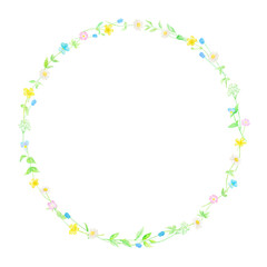 野花で編んだ春の可愛らしいリース。水彩絵の具で描いたイラスト。