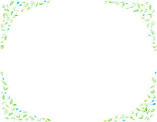 野花で作ったブルーとグリーンの可憐なフレーム。水彩絵の具で描いたイラスト。