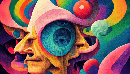 Psychedelic trippy LSD or magic mushrooms hallucinations hippie concept design. Generative AI.