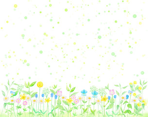 色とりどりの野花が咲くみずみずしい背景イラスト。水彩絵の具で描いたボタニカルイラスト。